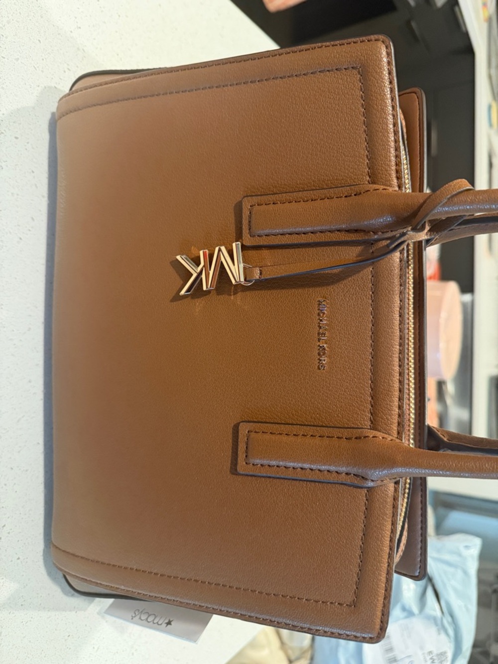 Michael Kors Cognac Brown Structured Satchel with Gold MK Charm